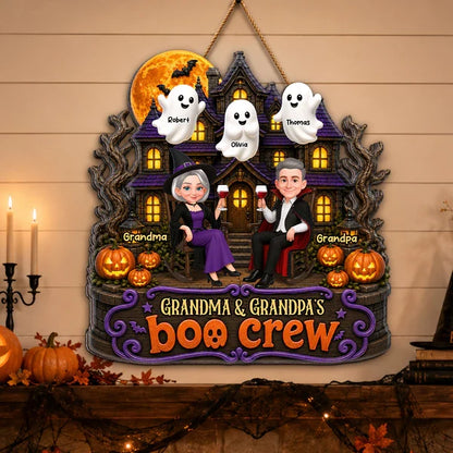 Personalized Wooden Sign With Seated Grandma & Grandpa, Haunted House Halloween Unique Gift