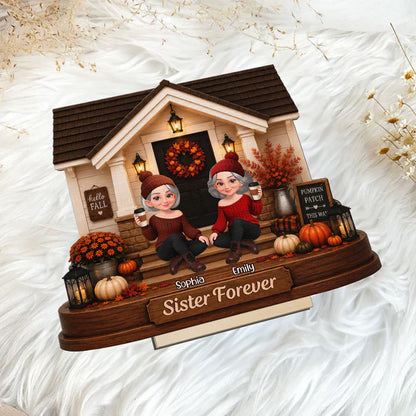 Personalized 2-Layer Wooden Plaque with Fall Porch Sisters, Unique Gift for Sister, Cozy Home Decor