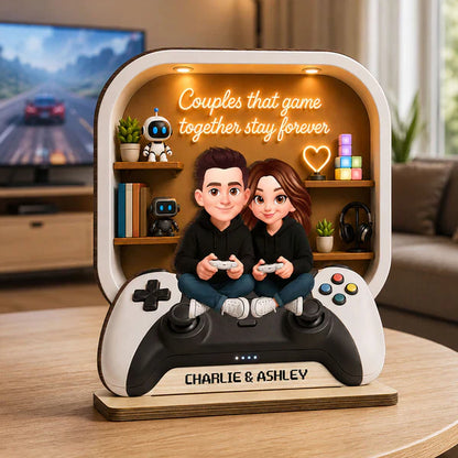 Personalized 2-Layer Wooden Plaque, Gaming Couple Cartoon Scene, Unique Gift for Shared Playtime