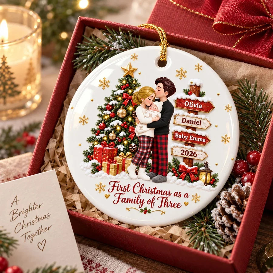 Personalized First Christmas Ceramic Ornament, Parents Cuddling Baby by a Christmas Tree, Creative Gift for New Parents