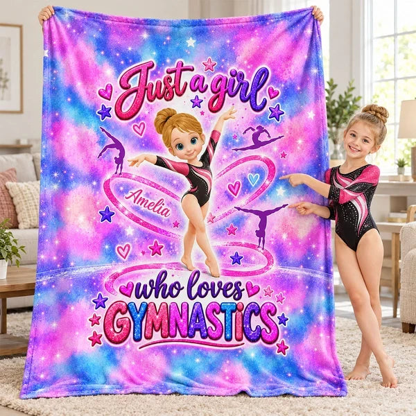 Personalized Fleece Blanket, Posing Cartoon Gymnast in Pink Galaxy Style, Unique Gift for Daughter