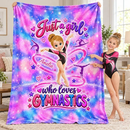 Personalized Fleece Blanket, Posing Cartoon Gymnast in Pink Galaxy Style, Unique Gift for Daughter