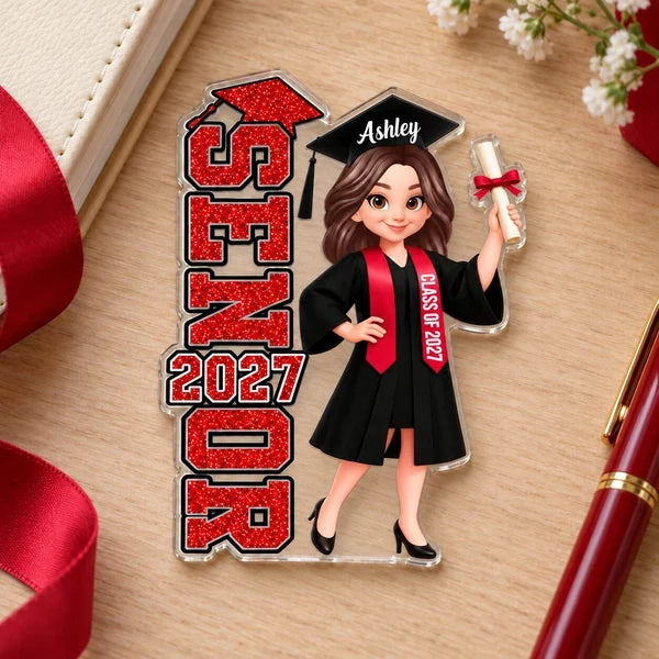 Personalized Acrylic Magnet, Red and Black Graduate Holding Diploma, Unique Graduation Gift for Daughter, Son