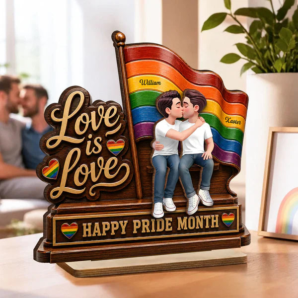 Personalized 2-Layer Wooden Plaque, LGBTQ Couple Kissing by Rainbow Flag, Unique Pride Month Gift