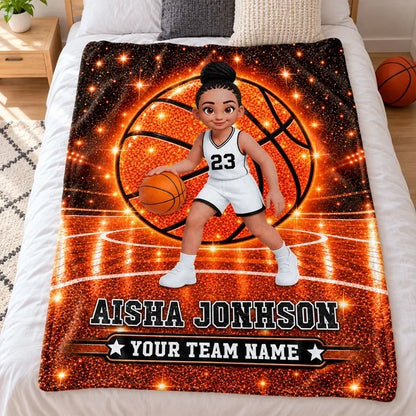 Personalized Fleece Blanket, Cartoon Basketball Girl Dribbling on Sparkling Court, Unique Gift for Daughter