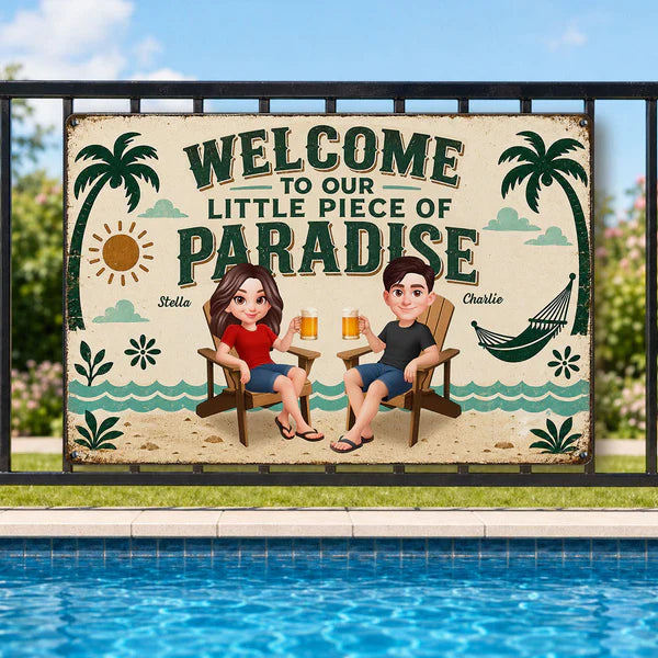 Personalized Rectangular Iron Sign, Seated Couple Pool Paradise Decor, Unique Gift for Couples