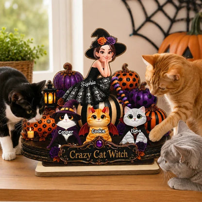 Personalized 2-Layer Wooden Plaque, Cat Witch with Costumed Cats and Pumpkins, Unique Gift for Cat Lovers