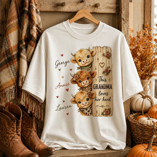 Grandma Loves Her Herd Classic Tee, Personalized Highland Cow Family Shirt, Unique Gift for Grandma