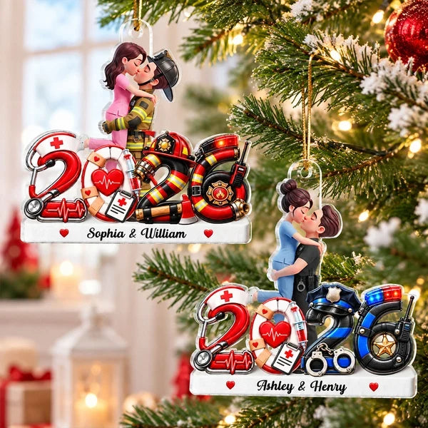Personalized Acrylic Ornament, Red Illustrated Kissing Nurse & First Responder, Unique Christmas Gift for Couples