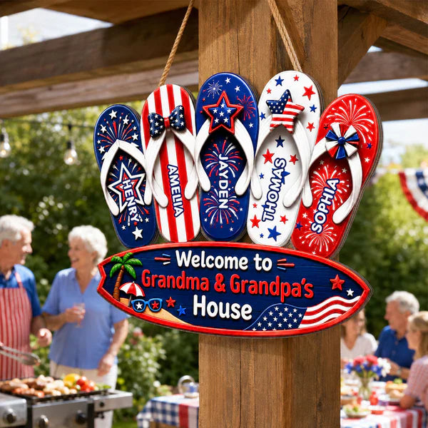 Personalized Wooden Sign With Patriotic Flip Flops, Unique Gift for Grandma & Grandpa