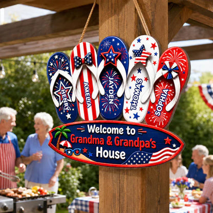 Personalized Wooden Sign With Patriotic Flip Flops, Unique Gift for Grandma & Grandpa
