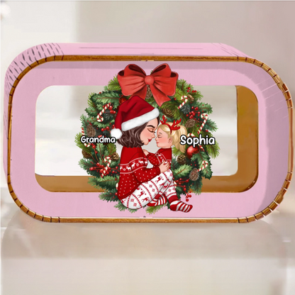 Grandma Mom Hugging Kid Sitting On Christmas Wreath Personalized Piggy Bank or Ornament or Plaque or Keychain or Poster