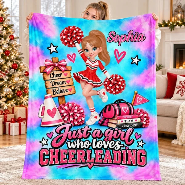 Cheerleading Fleece Blanket with Posing Cheerleader, Personalized Encouraging Creative Gift for Granddaughter