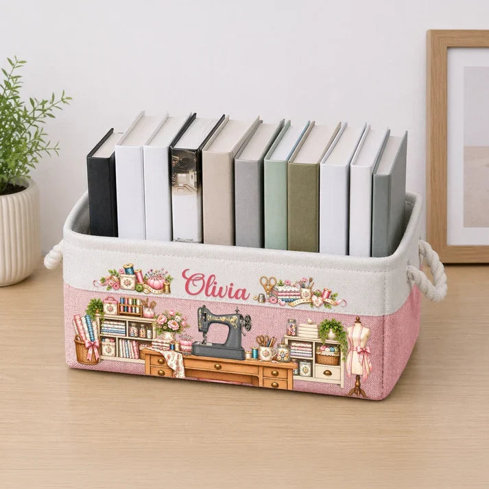 Personalized Cotton Linen Rope Basket, Pink Floral Sewing Room Design, Unique Gift for Crafters and Sewing Lovers