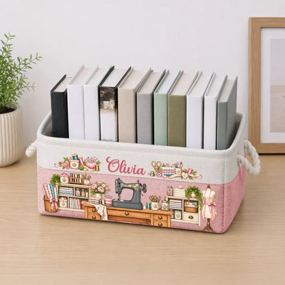 Personalized Cotton Linen Rope Basket, Pink Floral Sewing Room Design, Unique Gift for Crafters and Sewing Lovers