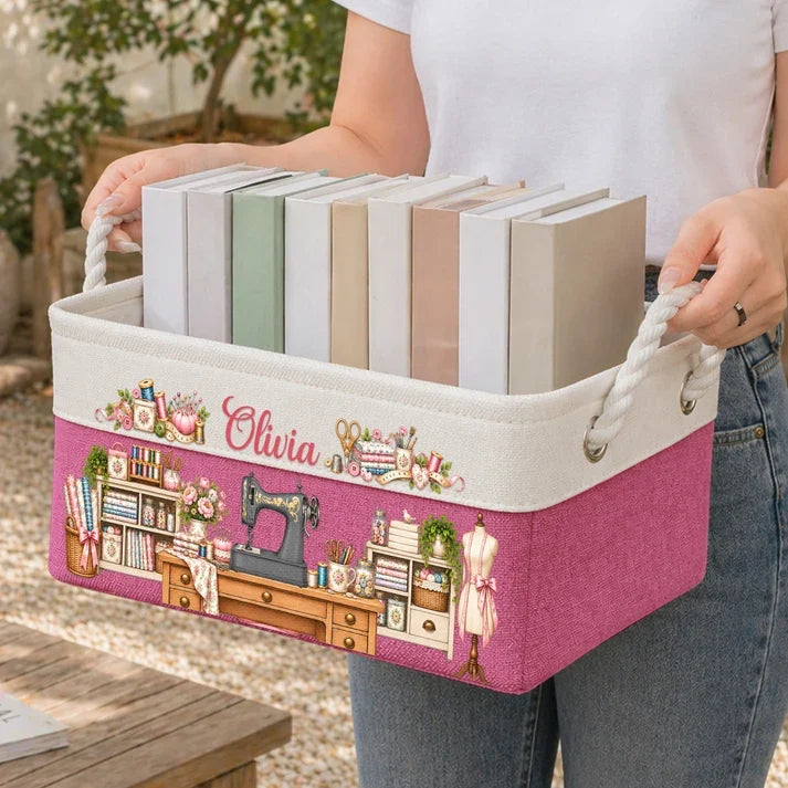 Personalized Cotton Linen Rope Basket, Pink Floral Sewing Room Design, Unique Gift for Crafters and Sewing Lovers