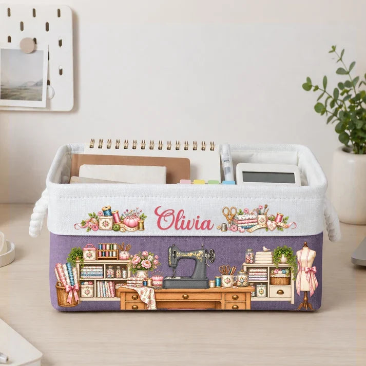 Personalized Cotton Linen Rope Basket, Pink Floral Sewing Room Design, Unique Gift for Crafters and Sewing Lovers