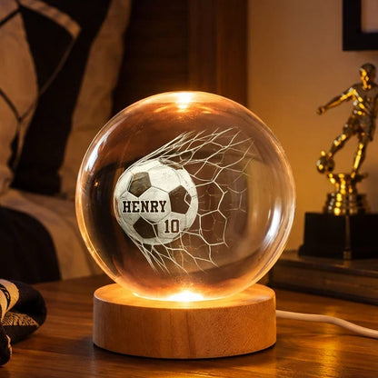 Personalized Globe Lamp, Soccer Ball Hitting the Net in Warm Amber Light, Unique Gift for Soccer Players