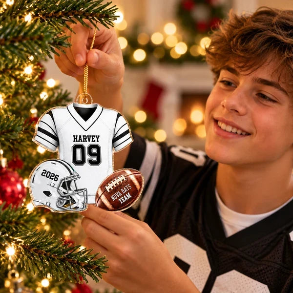 Personalized Acrylic Ornament, Green Football Jersey and Helmet, Unique Christmas Gift for Football Fans