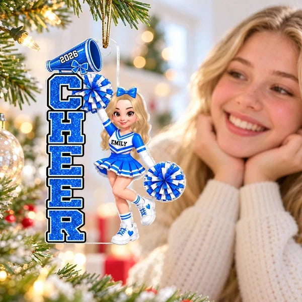 Custom Acrylic Ornament, Cheerleader with Raised Pom-Poms, Red & Pink Christmas Tree Decor, Creative Gift for Cheerleaders
