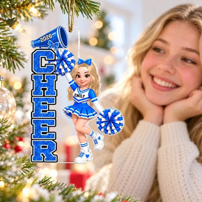 Custom Acrylic Ornament, Cheerleader with Raised Pom-Poms, Red & Pink Christmas Tree Decor, Creative Gift for Cheerleaders