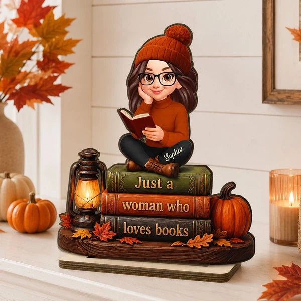 Personalized 2-Layer Wooden Plaque, Woman Reading Books Fall Decor, Unique Gift for Book Lovers