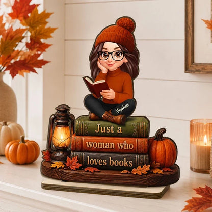 Personalized 2-Layer Wooden Plaque, Woman Reading Books Fall Decor, Unique Gift for Book Lovers