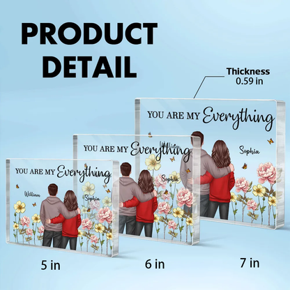 Rectangle Acrylic Block Plaque with Couple Back View and Monthly Flowers, High Clarity, Heartwarming Gift for Lovers
