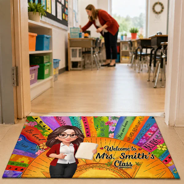 Personalized Teacher Classroom Doormat, Boho Sun Cartoon Teacher Holding Notebook, Unique Gift for Entryway