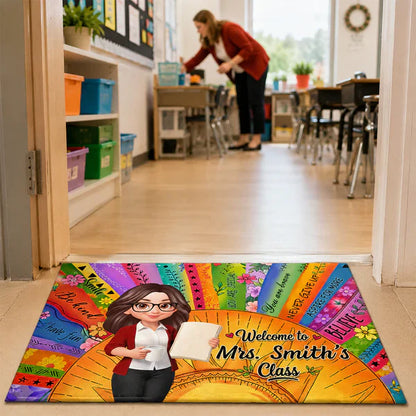 Personalized Teacher Classroom Doormat, Boho Sun Cartoon Teacher Holding Notebook, Unique Gift for Entryway