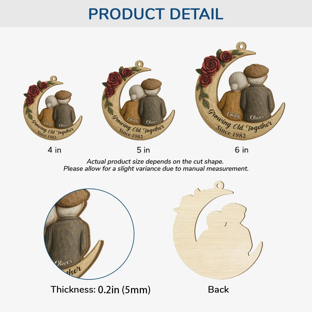 Ornament - Crescent Moon Wood with Elderly Couple & Roses, Romantic Tree Decor, unique gift for Grandparents and Couples