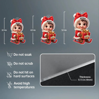 Acrylic Ornament with Baby in Santa Outfit on Sleigh, High Clarity, Heartwarming Christmas Gift
