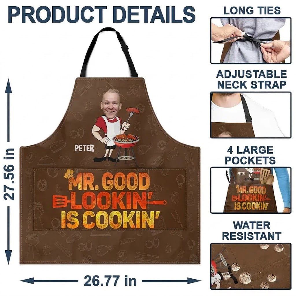 Personalized Photo Waterproof 4-Pocket Apron, Mr. Good Lookin' Is Cookin' Unique Grill Gift for Dad