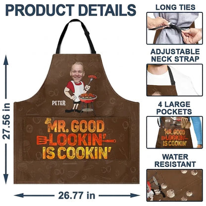 Personalized Photo Waterproof 4-Pocket Apron, Mr. Good Lookin' Is Cookin' Unique Grill Gift for Dad