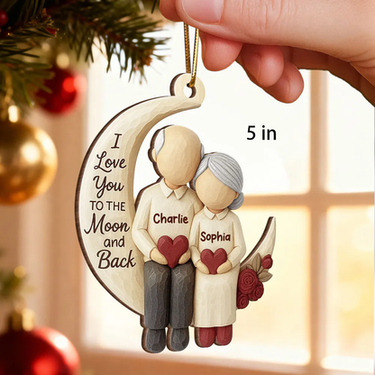Wooden Ornament - I Love You to the Moon, Carved Couple Design, Unique Christmas Gift for Couples or Grandparents