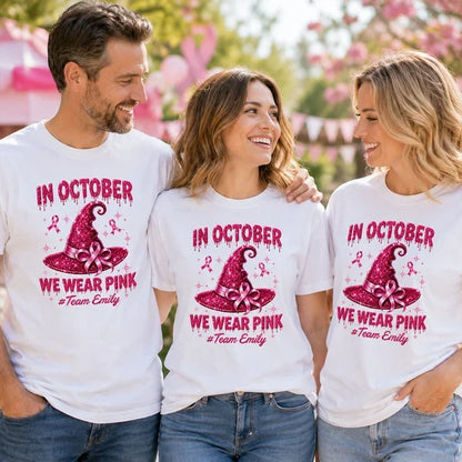 In October We Wear Pink Personalized Classic Tee, Sparkling Witch Hat, Creative Gift for Supporters