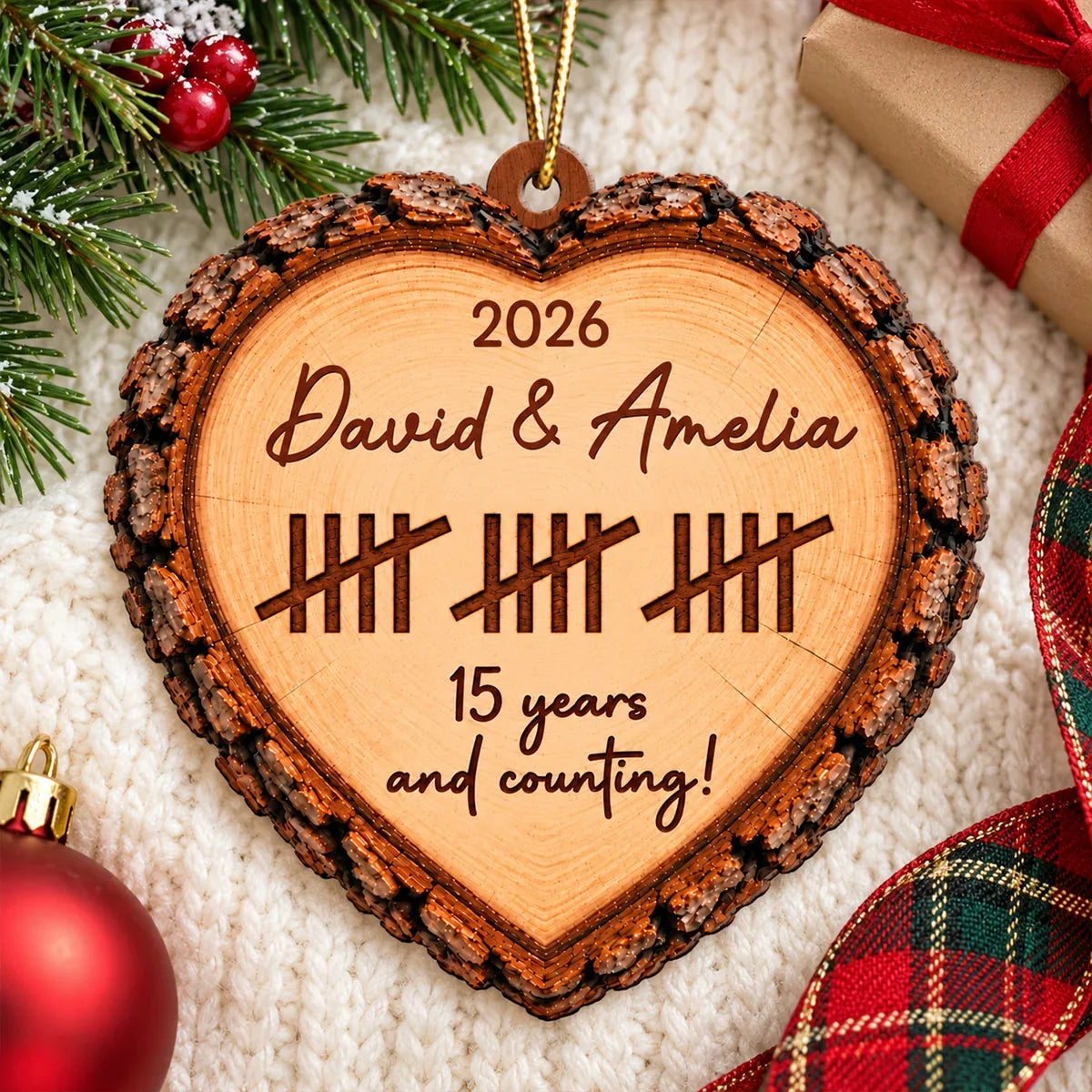 Personalized Heart Ornament, Rustic Years and Counting Anniversary Keepsake, Unique Gift for Couples