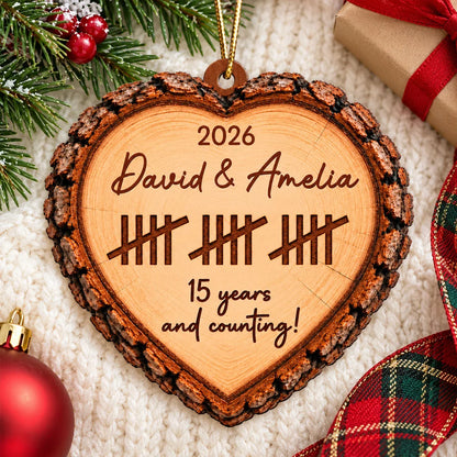 Personalized Heart Ornament, Rustic Years and Counting Anniversary Keepsake, Unique Gift for Couples