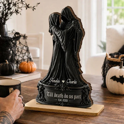 Personalized Wooden Plaque, Dancing Grim Couple in Black Gothic Style, Halloween Decor, Unique Gift for Couples