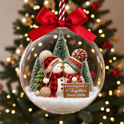 Personalized Acrylic Snow Globe Ornament, Cuddling Snowman Couple, Unique First Christmas Together Gift