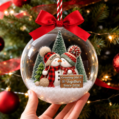 Personalized Acrylic Snow Globe Ornament, Cuddling Snowman Couple, Unique First Christmas Together Gift