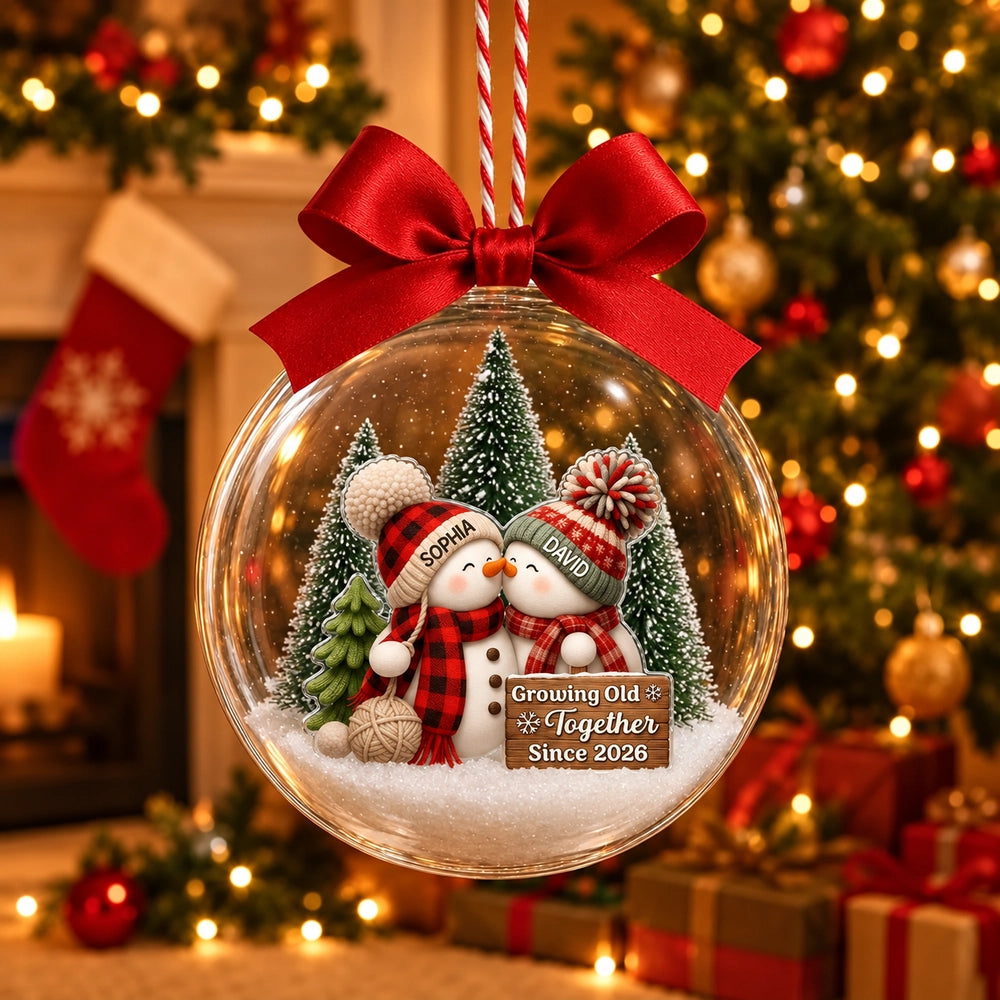Personalized Acrylic Snow Globe Ornament, Cuddling Snowman Couple, Unique First Christmas Together Gift