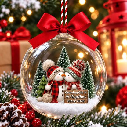 Personalized Acrylic Snow Globe Ornament, Cuddling Snowman Couple, Unique First Christmas Together Gift