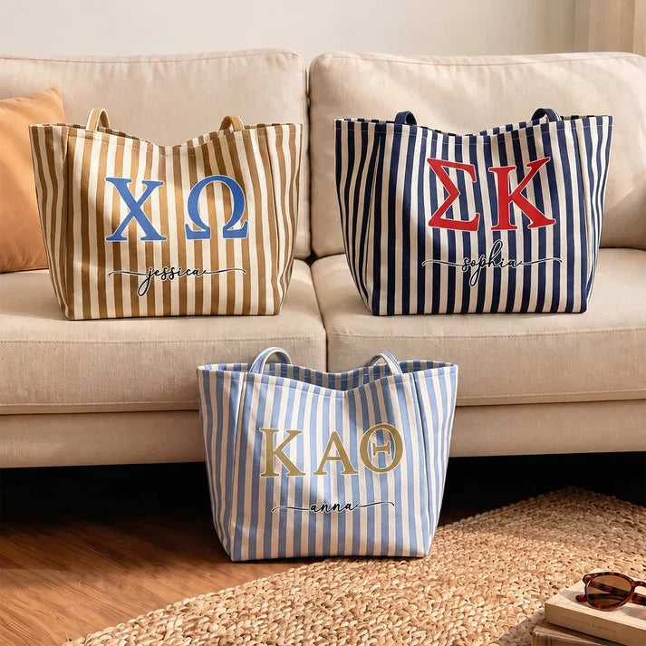 Striped Pocket Tote Bag, Personalized Sorority Keepsake for Sunlit Beach Days, Creative Gift for a Sorority Sister