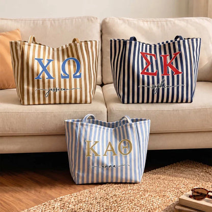 Striped Pocket Tote Bag, Personalized Sorority Keepsake for Sunlit Beach Days, Creative Gift for a Sorority Sister