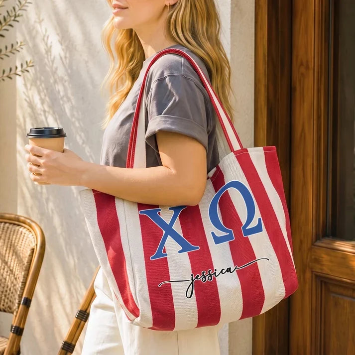 Striped Pocket Tote Bag, Personalized Sorority Keepsake for Sunlit Beach Days, Creative Gift for a Sorority Sister