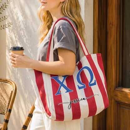 Striped Pocket Tote Bag, Personalized Sorority Keepsake for Sunlit Beach Days, Creative Gift for a Sorority Sister