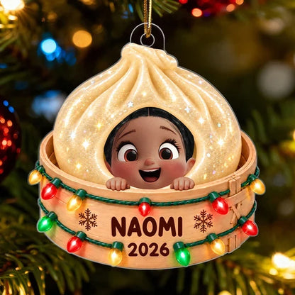 Personalized Acrylic Ornament, Smiling Child in a Dumpling Basket, Colorful Christmas Tree Decor, Unique Gift for Kids