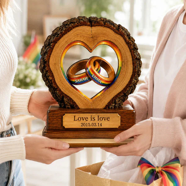 Personalized 2-Layer Wooden Plaque with Rainbow Rings, Unique Gift for LGBTQ Couple Anniversary