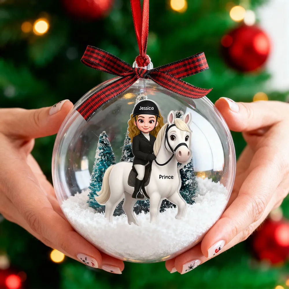 Custom Equestrian Snow Globe Ornament with Personalized Rider Art